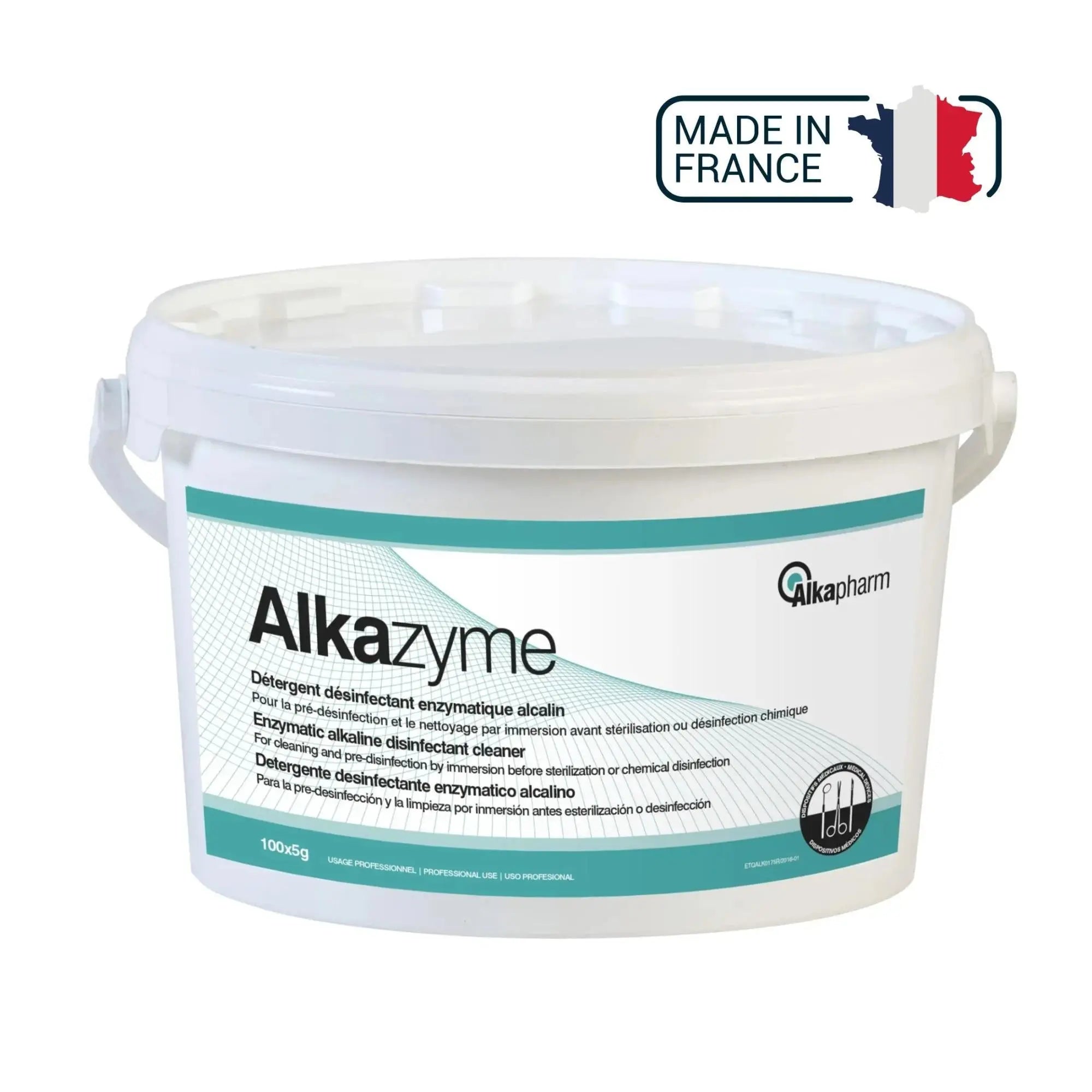 Alkazyme - Alkaline enzymatic disinfectant detergent - Bucket - 100 x 5 g - Alkapharm